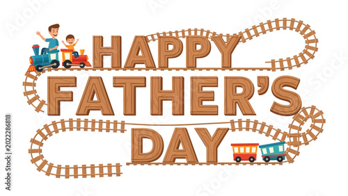 Quadro su tela Happy Father's Day: A cheerful graphic design conveying a warm message of love and appreciation with father and child in a playful train