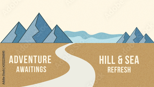 Canvas Print Illustration of a winding path leading towards blue mountains and calm sea with