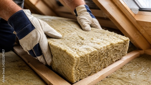 Professional construction worker wearing protective gloves carefully installs thick mineral wool insulation between wooden rafters in a residential attic renovation project