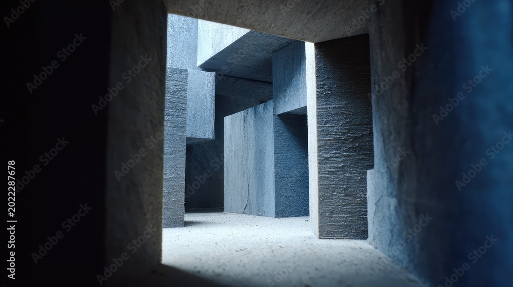 Fototapeta premium Abstract architectural model creating a brutalist labyrinth of rough concrete blocks and geometric shapes, with natural light illuminating the textured surfaces and casting shadows
