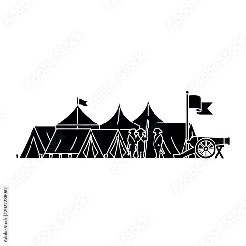 Bild auf Leinwand Historical Military Camp Scene with Tents and Cannon.