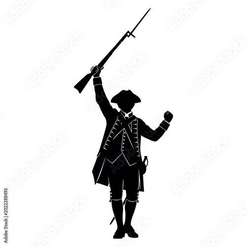 Quadro su tela Silhouette of a Revolutionary War Soldier Holding a Musket Aloft.