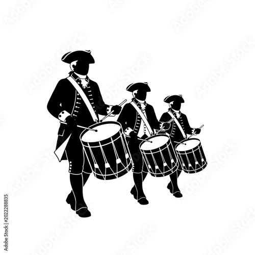 Three Drummers in Colonial Military Uniforms Playing Drums.