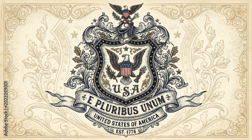 Vintage american logo featuring eagle shield with usa and e pluribus unum on ornate background