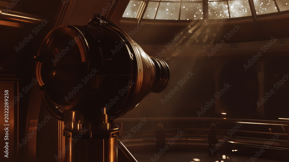 Fototapeta premium Large astronomical telescope inside a dark, modern observatory with a view of stars and planets, representing scientific research and space exploration