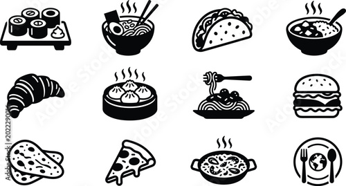 Foto Comprehensive collection of international restaurant food icons including croiss