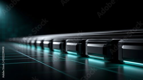 Eine Reihe schwarzer futuristischer Server oder Elektronikgeräte mit türkisfarbener Beleuchtung auf dunklem Hintergrund.