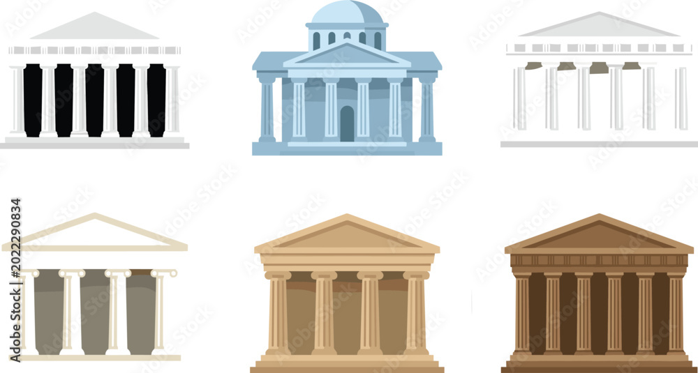Fototapeta premium Six Flat Design Classical Greek Roman Temple Building Icon Vector Illustration Set Multiple Colors Isolated on White Background Architecture Design
