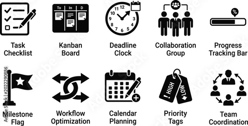 Konstfotografi Corporate productivity and task management icon collection with deadline clock c