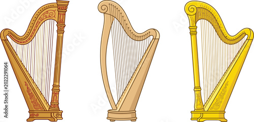 Bild auf Leinwand Three Realistic Ornate Golden Concert Pedal Harp Musical Instrument Vector Illus