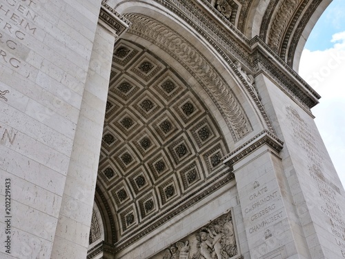 Tableau sur toile A low-angle, medium shot captures the ornate stone vaulting underneath the
iconic Arc de Triomphe in Paris, France