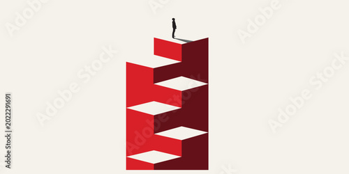 Obraz na płótnie A minimalist illustration of a person standing atop a tall, complex, red geometric structure with steps, symbolizing ambition, challenge, and reaching new heights