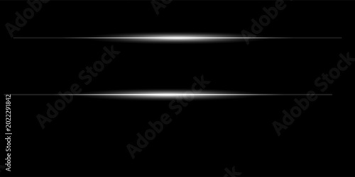 White horizontal lens flares pack. Laser beams, horizontal light rays. Luminous abstract sparkling lined background.