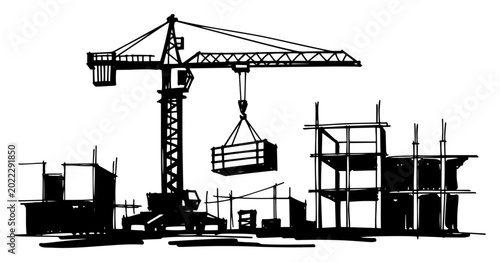 Fotografija Tower crane lifting load at building construction site hand drawn line art vecto