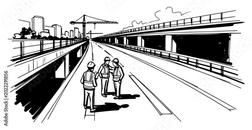 Εκτύπωση καμβά Engineers Inspecting Highway Overpass Construction Hand-Drawn Black and White Ve