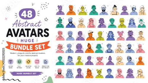 Tableau sur toile Abstract avatars bundle set of 48 colorful people icons, modern character profil