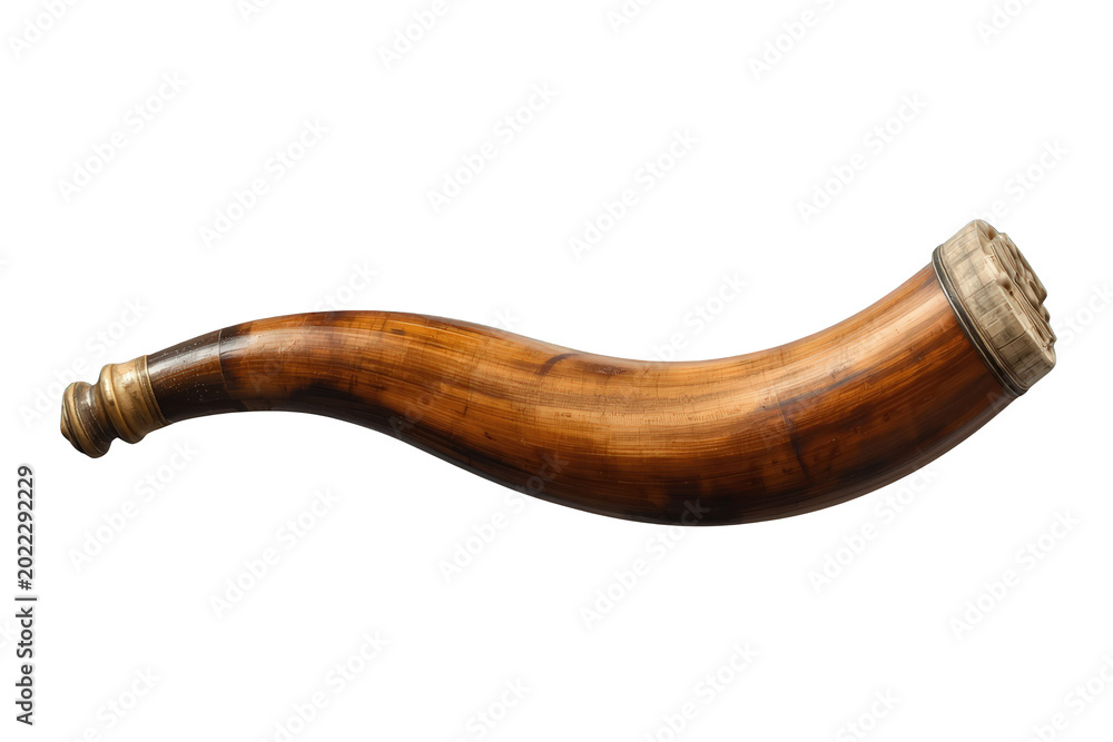 Obraz premium Antique powder horn made from a real animal horn, featuring a wooden stopper, used for storing gunpowder in historical periods