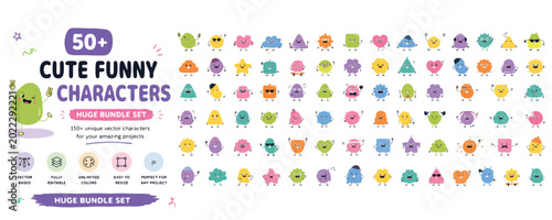 Quadro su tela Cute funny characters bundle, set of 50 plus unique vector monster icons, colorf