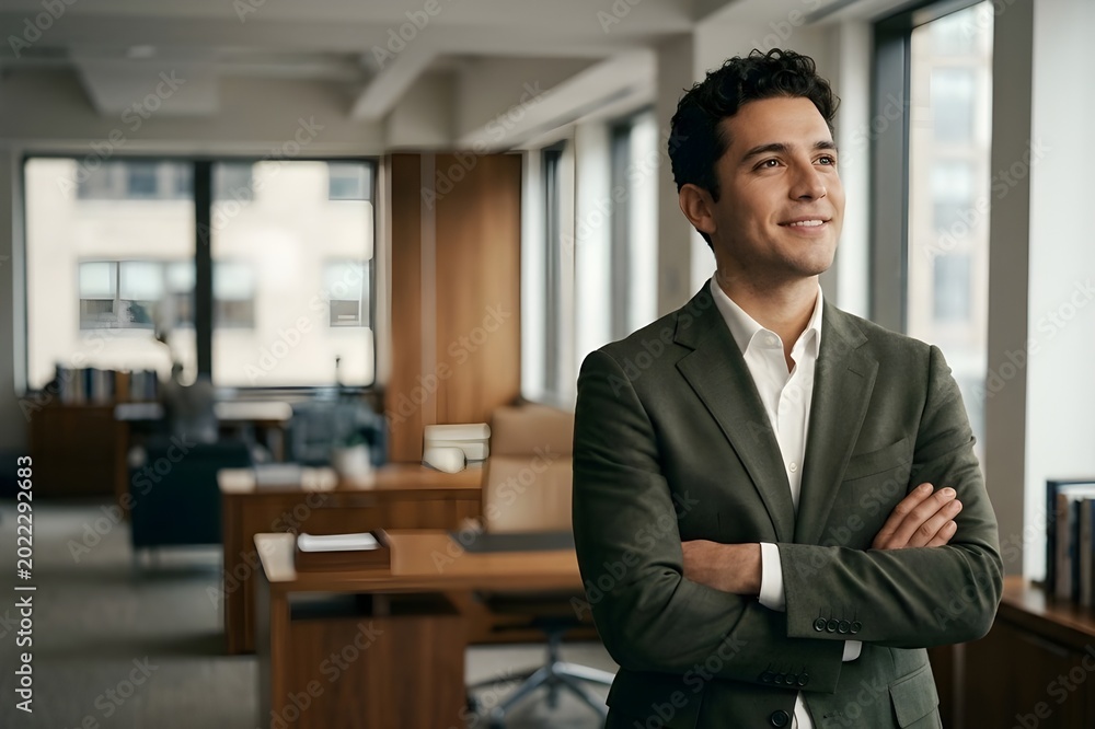 Fototapeta premium portrait of a handsome smiling businessman on blur office background