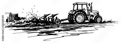 Konstfotografi Farm Tractor Plowing Field with Moldboard Plow Rural Agriculture Black and White