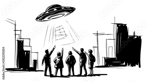 Fotografie Crowd witnessing hovering ufo beaming light over city hand drawn line art vector