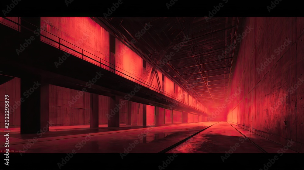 Fototapeta premium Industrial tunnel features prominent concrete structures and a distant red glow, creating a striking atmosphere with deep shadows and reflective surfaces