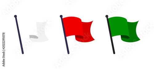 Set of colorful flags for marking locations on maps, navigation systems and sport events. Red flag, green flag, white flag. Transparent background. Vector illustration.