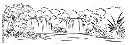 Photos tropical jungle waterfall river landscape sketch