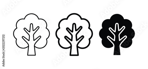 Bilde på lerret Tree Icons Set: Outline, Filled Outline, and Solid Black Vector Graphics for Nat