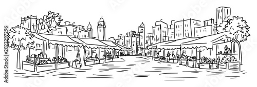 Cuadro en lienzo vector sketch of outdoor street market in urban setting