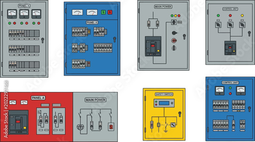 Cuadro en lienzo Collection of industrial electrical control panels featuring various switchboard