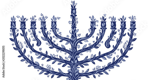 Bild auf Leinwand Hanukkah Menorah with Floral Design, Blue and White Illustration