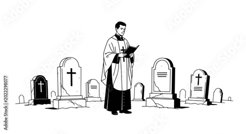 Konstfotografi Priest Conducting Funeral Service in Cemetery - Religious Ceremony