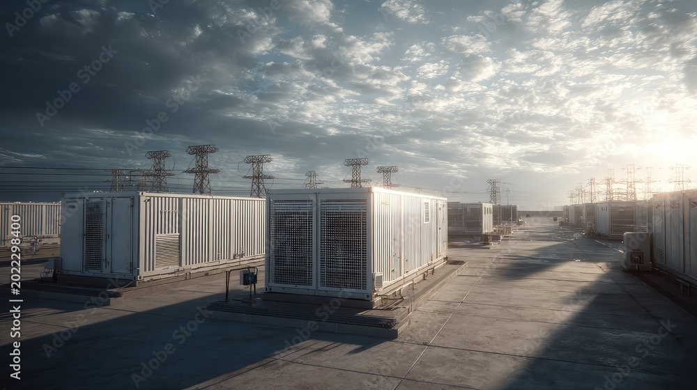 Obraz premium Industrial battery farm facility with multiple energy storage containers and high voltage power lines, contributing to grid stabilization and sustainable energy infrastructure under a dramatic sky
