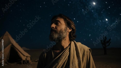 Abraham gazing at the starry night sky in the desert. Biblical patriarch looking at the stars. Old Testament concept of God's promise