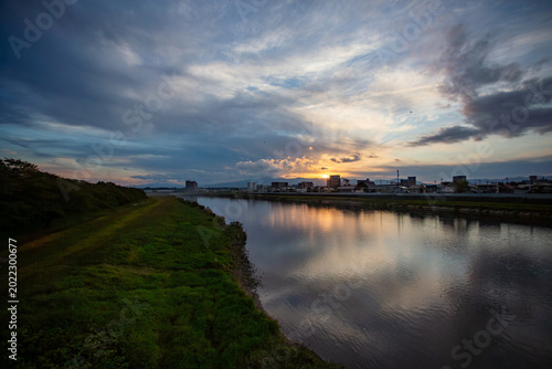 Wide river landscape at sunset in Kitakami Iwate Japan