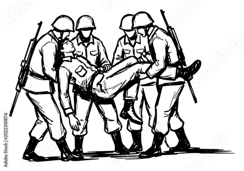 Foto Soldiers carrying wounded comrade evacuation black and white vector drawing