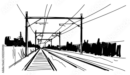 Photos Railway Tracks With Overhead Catenary Lines Perspective Landscape Monochrome Ink