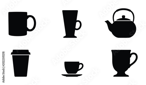 Fotografía Six Black Silhouette Drinkware Icons: Coffee Mugs, Teapot, Latte Glass, Espresso