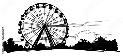Photos Ferris Wheel In Amusement Park Skyline Monochrome Ink Sketch Vector