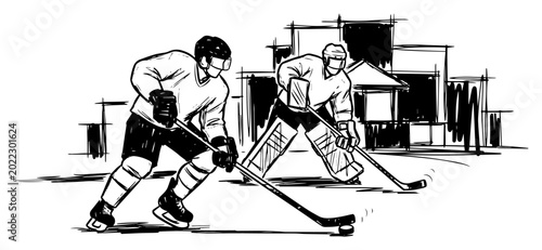 Photography Ice Hockey Player Dribbling Puck With Goalie Defense Monochrome Ink Sketch Vecto