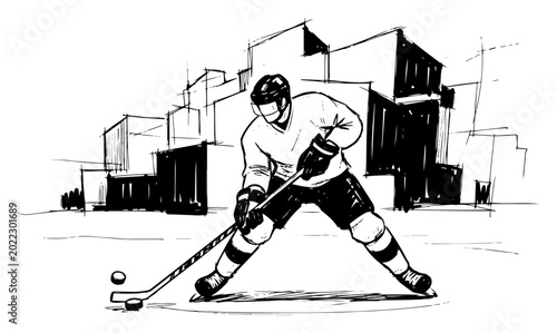 Photography Ice Hockey Player Stickhandling Puck On Outdoor Rink Urban Background Black And