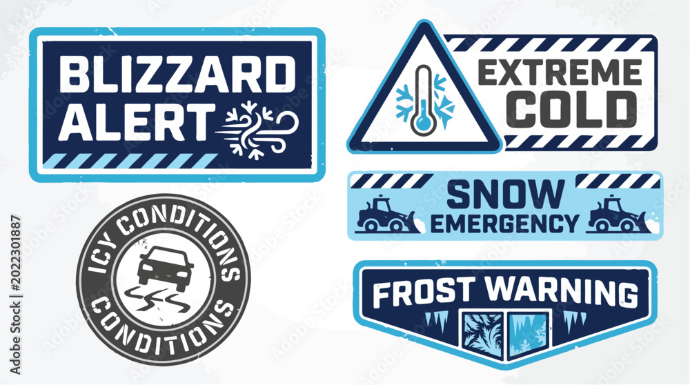 Fototapeta premium Winter weather alert signs, blizzard and extreme cold warning labels, snow emergency and icy conditions icons, frost warning vector set