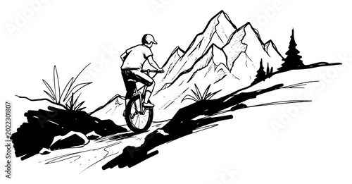 Fotografía Mountain Unicyclist Riding Rugged Trail With Peaks Black And White Vector Illust