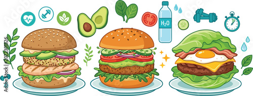 Foto Flat vector collection of nutritious diet burgers with plant based ingredients l