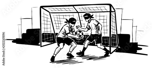 Fotografía Street soccer youth players defending at goal black and white dynamic vector ill
