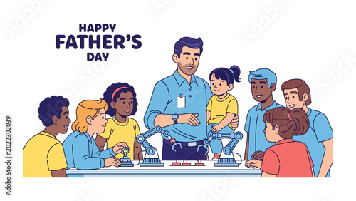 Fotografija Father's Day Tech Fun: A heartwarming Father's Day scene unfolds, with a father and diverse children engrossed in an engaging tech activity