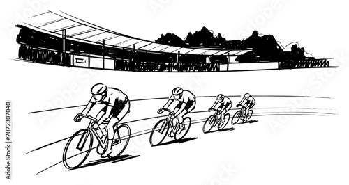Track cycling racers on velodrome curve black and white dynamic sports vector illustration
