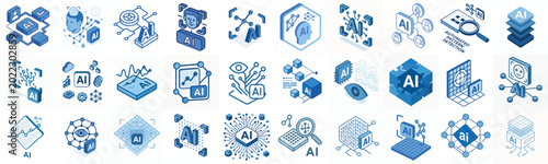 Isometric vector icon Pattern recognition AI blue color