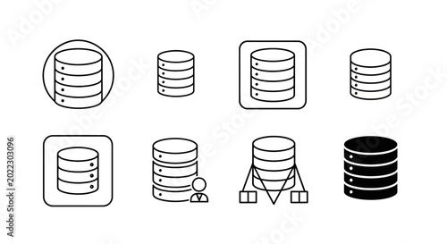 Set of eight flat database server icons for cloud computing